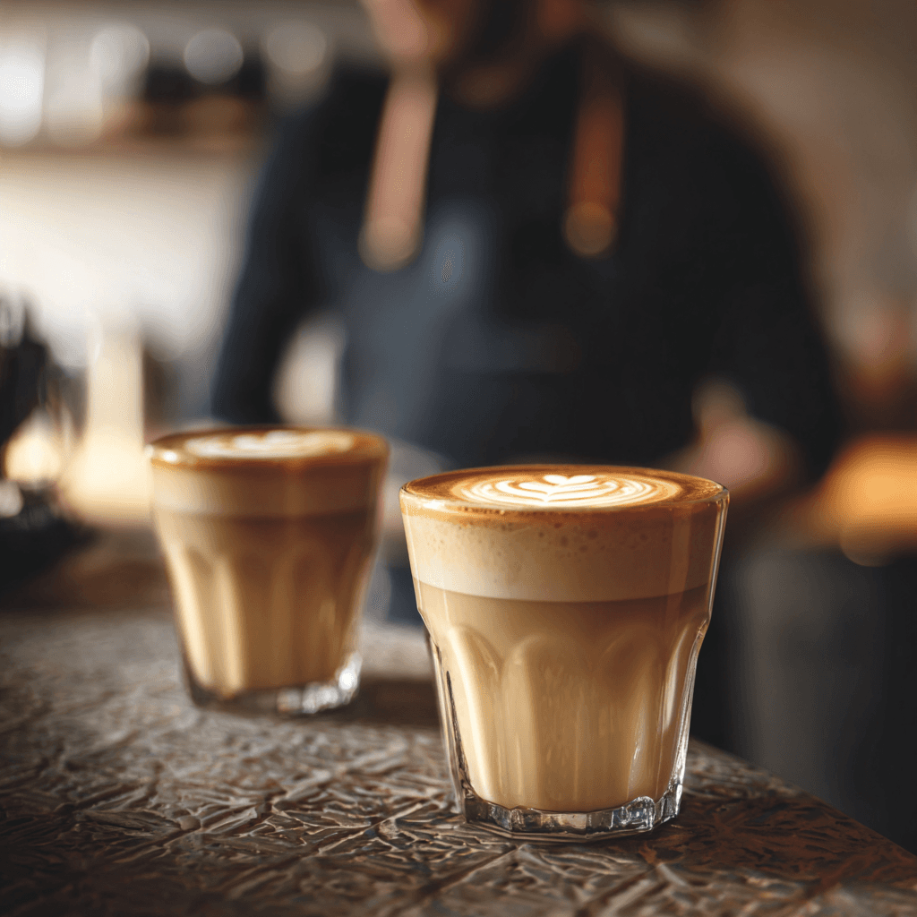 Two expertly crafted glasses of specialty coffee with beautiful latte art, sitting on a bar with the barista blurred in the background.